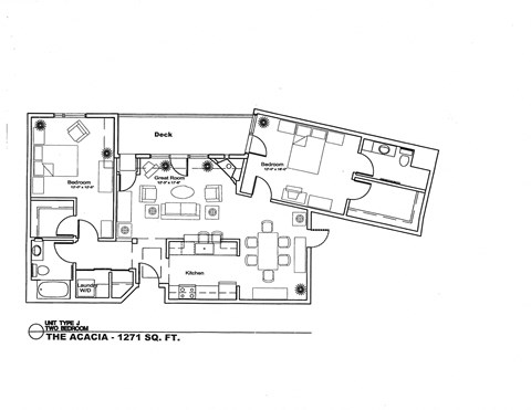 Floor plan for 2 beds, 2 baths, 1271 sqft